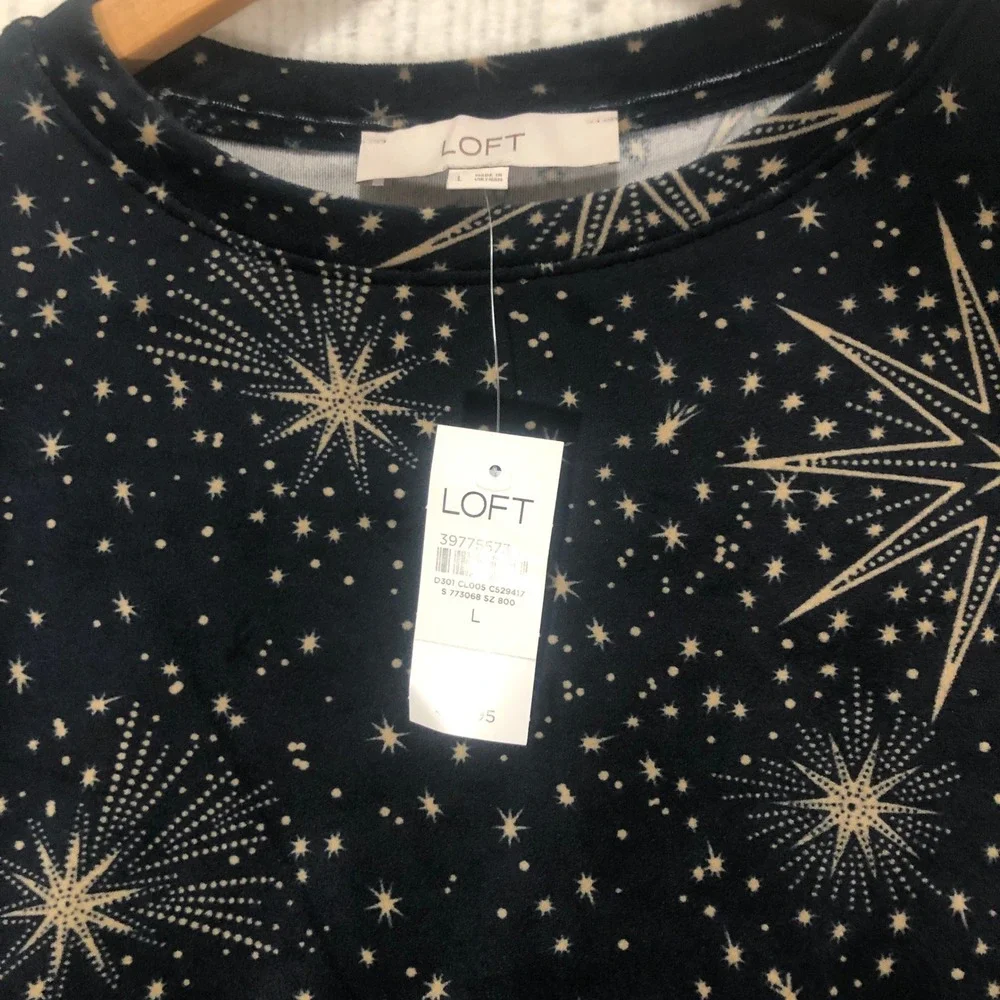 Loft Womens Celestial Starburst Puff Sleeve Velvet Top Navy Gold Large NWT